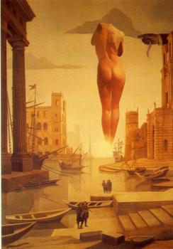 Salvador Dali : Dali's Hand Drawing Back the Golden Fleece in the Form of a Cloud to Show Gala, Completely Nude, the Dawn, Very, Very Far Away Behind the Sun
